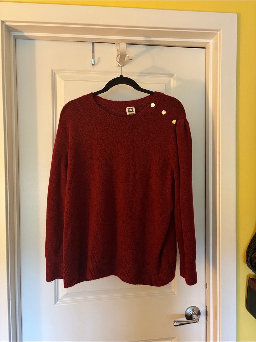 Anne Klein Burgundy Crew Sweater with Gold Shoulder Buttons